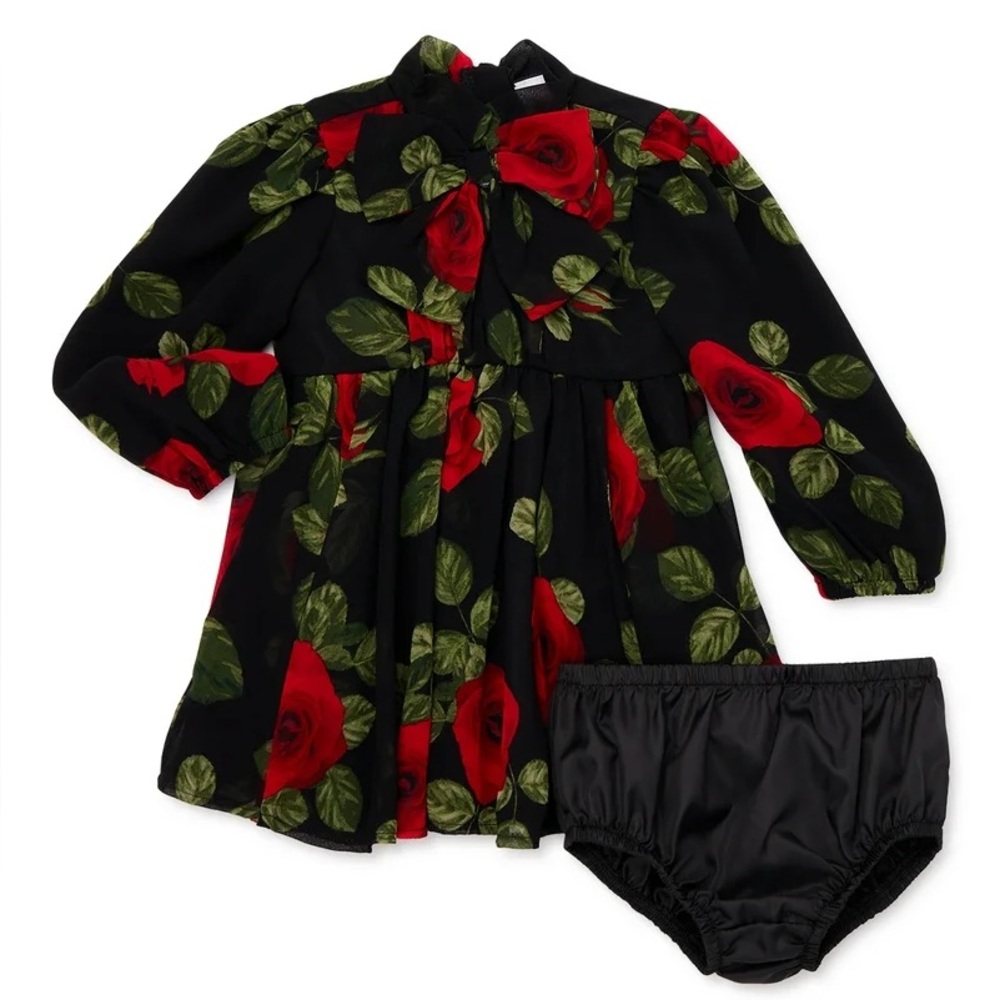 Baby Long Sleeve Holiday Dress with Diaper Cover